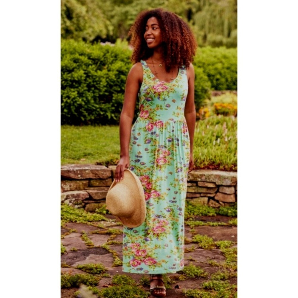 April Cornell Jersey Sundress Small Maxi‎ Floral Print Cottagecore Pockets